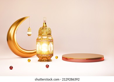 3D Ramadan lantern, Iftar, Eid crescent moon, cannonballs, text space and podium in red gold style