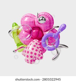 3d Realistic Abstract Geometric Composition with Magnifier Balloon and Shapes Rendered Illustration Symbol of Research