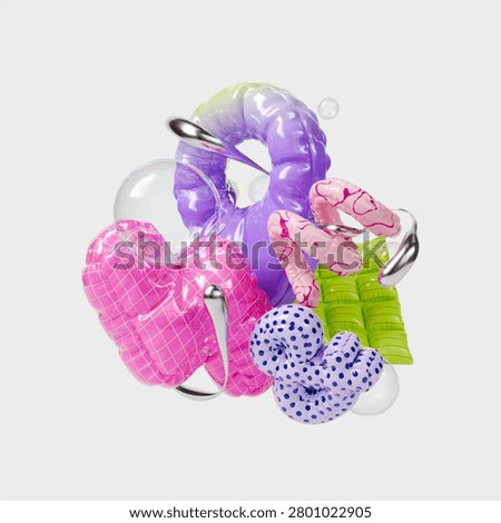 3d Realistic Abstract Geometric Composition with Color Ampersand, Spiral, Lightning Balloons and Shapes Rendered Illustration