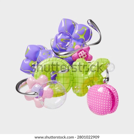 3d Realistic Abstract Geometric Composition with Ok Green Letters Balloons, Macaroon and Shapes Rendered Illustration