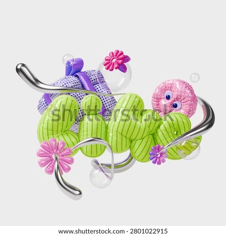 3d Realistic Abstract Geometric Composition with Levitation Like Green Letters and Gift Box Balloons Rendered Illustration