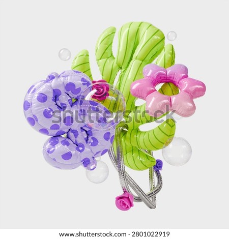 3d Realistic Abstract Geometric Composition with Dollar Sign and Green Monstera Leaf Balloons Shapes Rendered Illustration