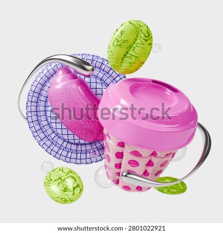 3d Realistic Abstract Geometric Composition with Paper Cup, Croissant on Plate and Coffee Bean Balloons Rendered Illustration