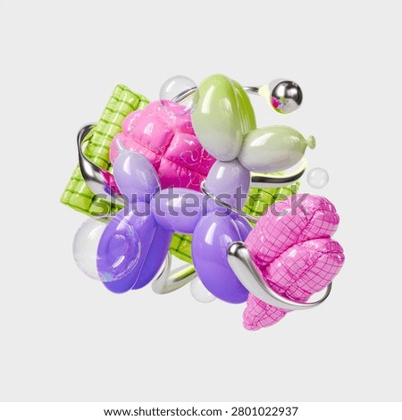 3d Realistic Abstract Geometric Composition with Dog Figurine Balloon and Shapes Rendered Illustration of Entertainment Concept