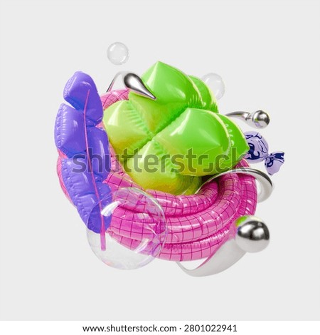 3d Realistic Abstract Geometric Composition with Flying Pink Ring and Green Balloon Cube Shapes Rendered Illustration
