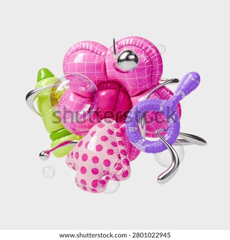 3d Realistic Abstract Geometric Composition with Magnifier Balloon and Shapes Rendered Illustration Symbol of Research