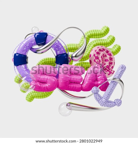 3d Realistic Abstract Geometric Composition with Sea Pink Letters, Ship Anchor and Swimming Pool Rubber Ring Balloons Rendered Illustration