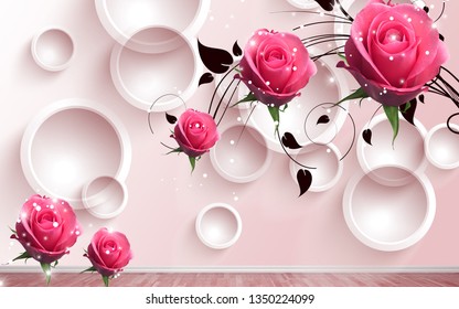 3D Red Flower With Green Floral, Pink Wallpaper Of Wonderful Circles