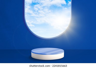 3d render, abstract background blue with blue sky inside the window on the blue wall with vacant podium. Blank showcase mockup with empty round stage
