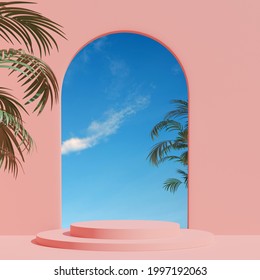 3d render, abstract geometric shape pastel pink , summer scene minimal design, product display,  Pink Interior Background with sky and summer plant.JPG