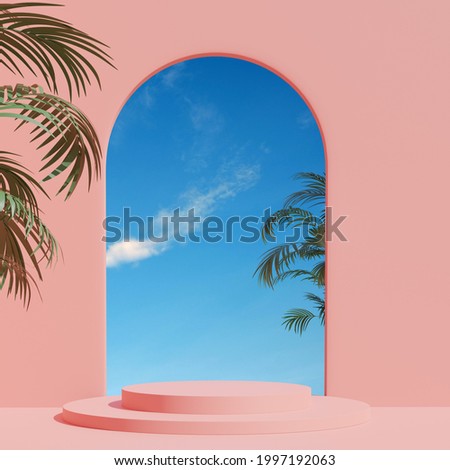 3d render, abstract geometric shape pastel pink , summer scene minimal design, product display,  Pink Interior Background with sky and summer plant.JPG