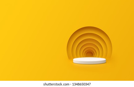 3D Render Of Abstract Yellow Composition With Podium. Minimal Studio With Round Pedestal And Copy Space. Futuristic Interior Backdrop For Landing Page, Showcase, Product Presentation. 