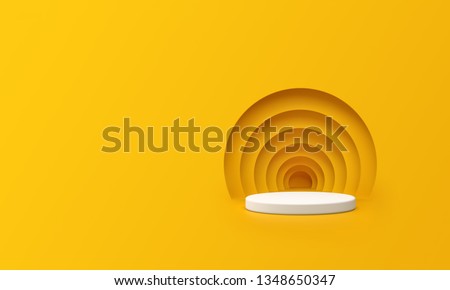 3D Render of Abstract Yellow Composition with Podium. Minimal Studio with Round Pedestal and Copy Space. Futuristic Interior Backdrop for Landing Page, Showcase, Product Presentation. 