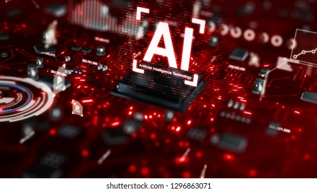 3D render AI artificial intelligence technology CPU central processor unit chipset on the printed circuit board for electronic and technology concept select focus shallow depth of field