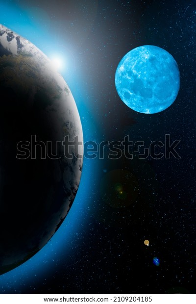 3D\
Render animation or illustration sunrise A view of space from the\
earth and Moon Composite image of earth and moon. Universe concept\
background. Elements of this image furnished by\
NASA