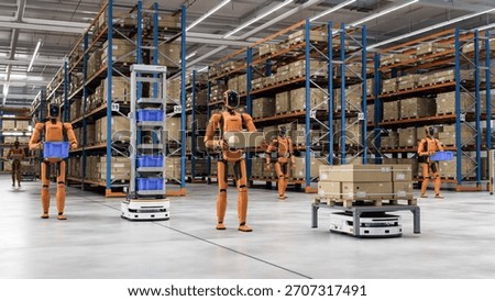 3D Render: Autonomous AI-Enabled General Purpose Humanoid Robots and AGV Working at Distribution Center. Automated Fulfillment Center or Warehouse. Industrial Automation by Artificial Intelligence