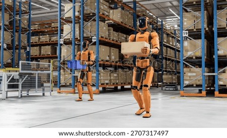 3D Render: Autonomous AI-Powered General Purpose Humanoid Robots Working at Distribution Center. Automated Fulfillment Center or Warehouse. Industrial Automation Powered by Artificial Intelligence