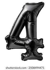 3D Render of black inflatable foil baloons set. Bright party decoration figures. Glossy black numbers isolated on white background. Number 4