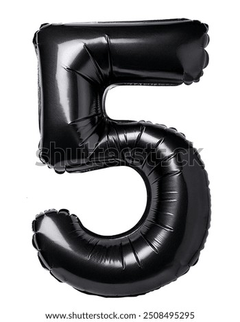 3D Render of black inflatable foil baloons set. Bright party decoration figures. Glossy black numbers isolated on white background. Number 5