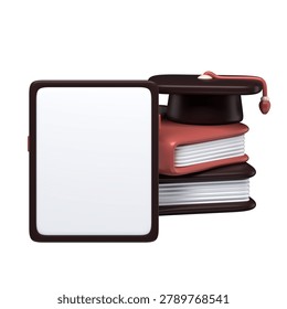 3D render of blank tablet screen with stack of books and graduation cap representing online education digital learning elearning and university academic success