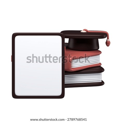 3D render of blank tablet screen with stack of books and graduation cap representing online education digital learning elearning and university academic success
