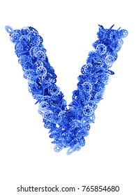 3D render of blue alphabet make 
from sprockets. letter V with clipping path. Isolated on white background