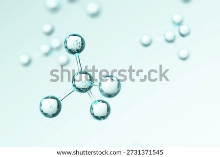 3D render of blue transparent molecules on a light background. Scientific illustration of atoms connected in a tetrahedral structure, representing chemistry, biotechnology, medical research, physics.