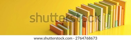 3d render of books arranged in the shape of an isometric bar graph, yellow background, simple minimalistic style