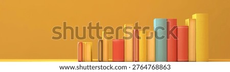 3d render of books arranged in the shape of an isometric bar graph, yellow background, simple minimalistic style