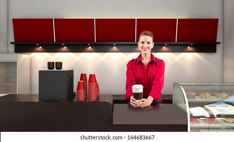 3D Render Of Bright Coffee Shop Interior