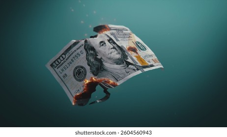 3D Render of Burning One Hundred Dollar Bill. Visualization of Economic Crisis, Inflation and Devaluation of Currency. Symbol of Financial and Market Instability. Loss of Paper Money. Visual Effects.