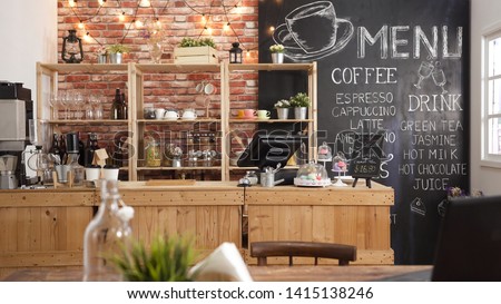 3d render of cafe bar restaurant nobody indoor. Empty coffee shop interior daytime with wooden design counter red brick wall in background. menu writing on blackboard with beautiful letters and cup.