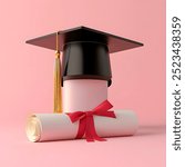 3D Render of Classic Black Graduation Cap and Diploma