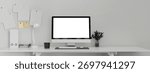 3D render clean table office desk with empty screen computer and office supplies.