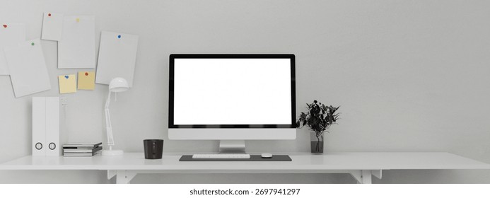 3D render clean table office desk with empty screen computer and office supplies.