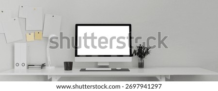 3D render clean table office desk with empty screen computer and office supplies.