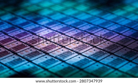 3D Render: Close-up of a Colorful Semiconductor Wafer and Silicon Dies. Computer Chip Fabrication. Semiconductor Packaging Process.