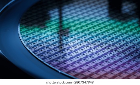 3D Render: Computer Chip Manufacturing. Close-up of Colorful Semiconductor Wafer that is just was Diced during Microchip Packaging Process. Silicon Dies are being Extracted by a Pick and Place Machine