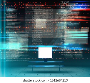 3d render computer office with bytes and code. Futuristic user interface technology.
