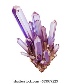3d render, digital illustration, abstract purple amethyst crystals, faceted gem, geology, nugget, minerals collection, clip art, isolated on white background