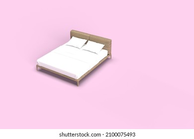 3d Render Distant Side Angle View Of Bed With White Color Pillows And White Bedsheet And Blanket. Wooden Texture Of Legs And Back Side Of The Bed For Mockup With Pink Background