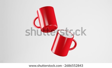 3D render of double Lust Red floating mugs over White background. bright studio lighting. ceramic mugs