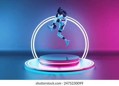 3D render. Dynamic image of African women, basketball player in motion with ball on podium with led circle against colorful gradient background in neon. Sport, competition, tournament, game, futurism - Powered by Shutterstock