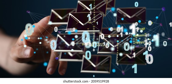 A 3D render of an email symbol and Network Communications with a blurry background