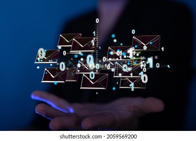 A 3D render of an email symbol and Network Communications with a blurry background