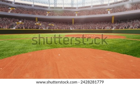 3D render of empty baseball arena, open air stadium on daytime. Blurred imaged of sport fans on tribune. Concept of professional sport, competition, championship, game