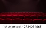 3D render of empty cinema hall with rows of red seats. Digital illustration of dark theater interior with comfortable velvet chairs. Entertainment and premiere background with copy space.