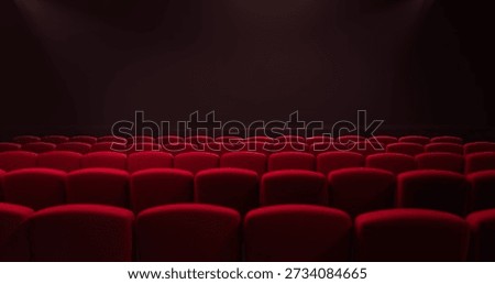 3D render of empty cinema hall with rows of red seats. Digital illustration of dark theater interior with comfortable velvet chairs. Entertainment and premiere background with copy space.