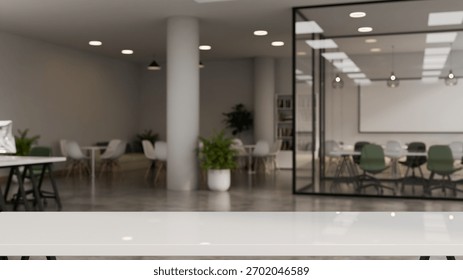 3d render Empty white table with open space office interior skyscraper background.