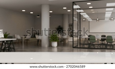 3d render Empty white table with open space office interior skyscraper background.